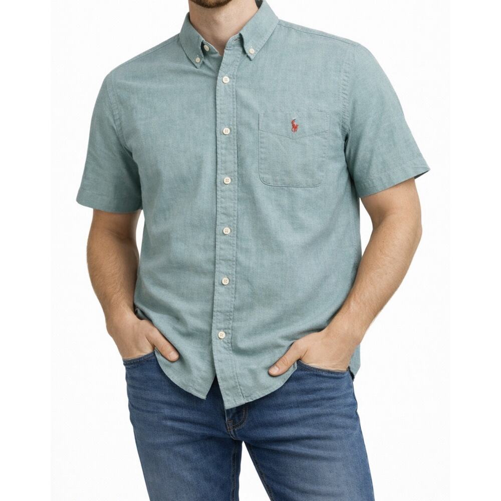 Ralph Lauren Classic Fit Linen Button-Down Shirt Green Men's L Short Sleeve